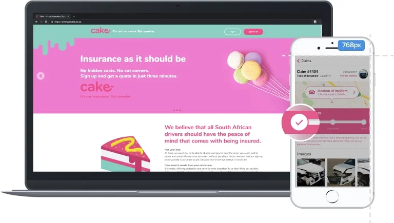 Desktop and mobile screens of the Cake Insurance application.